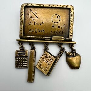 Vintage JJ Jonette Math Teacher Pewter Brooch with Dangling Charms